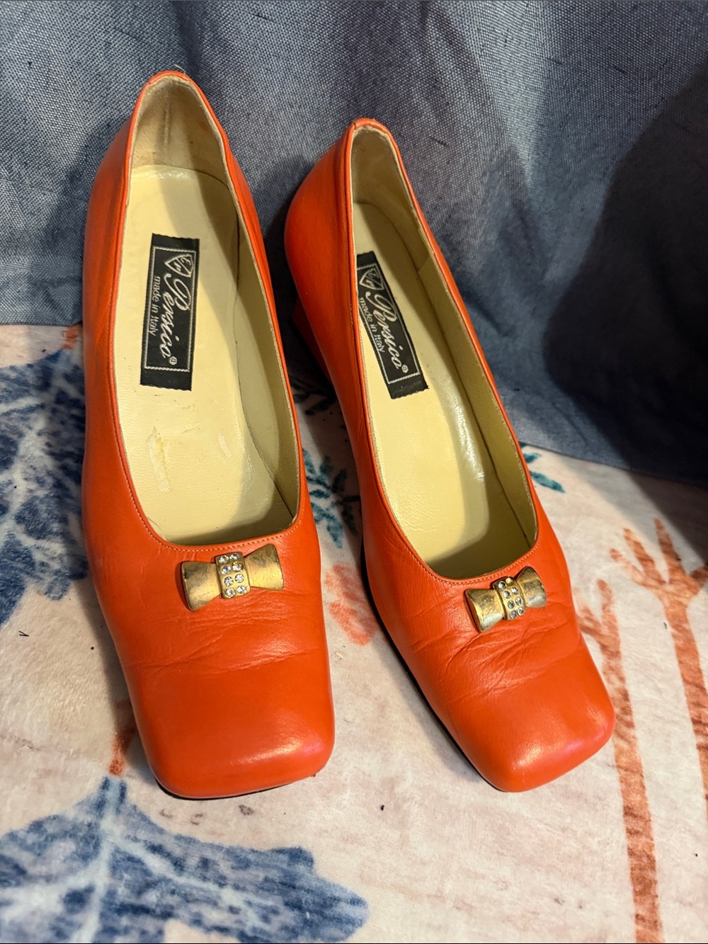 Vintage Persico Orange Leather Bow-Accent Heels